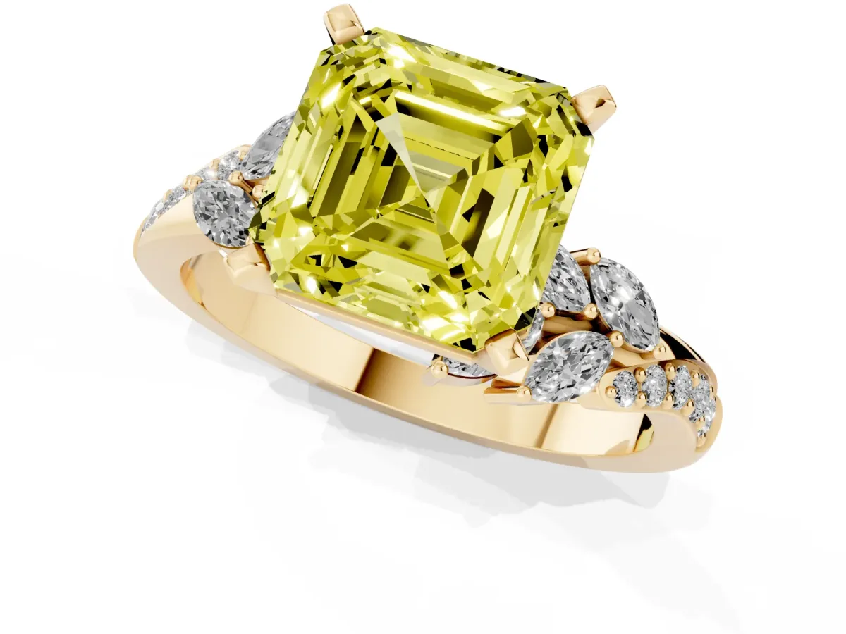 Fancy Yellow Asscher Cut Solitaire Marquise Twist Band with Six-Prong Setting Yellow gold