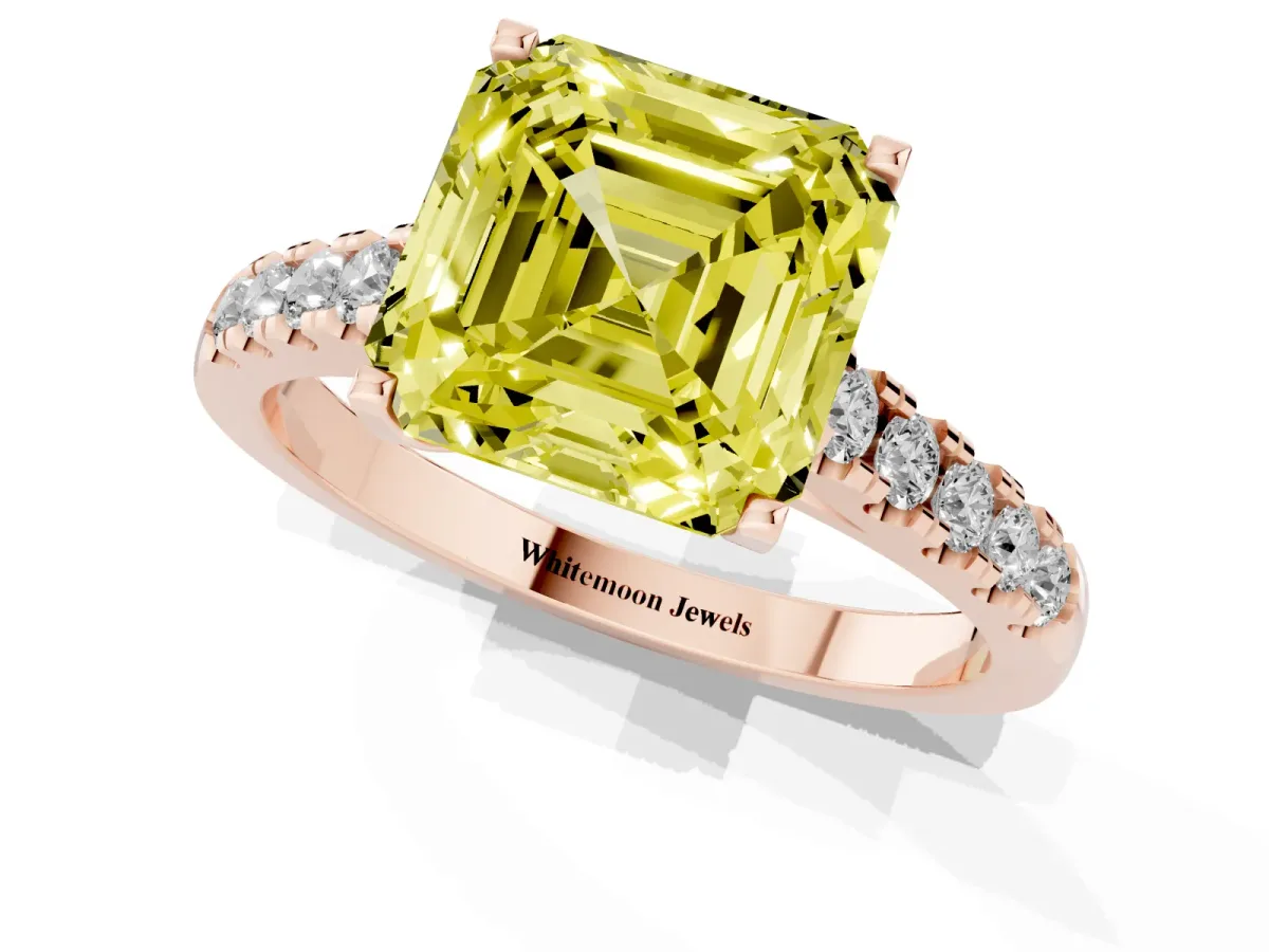 Fancy Yellow Asscher Cut Diamond Pavé Band Solitaire Ring with Prong Setting Rose gold