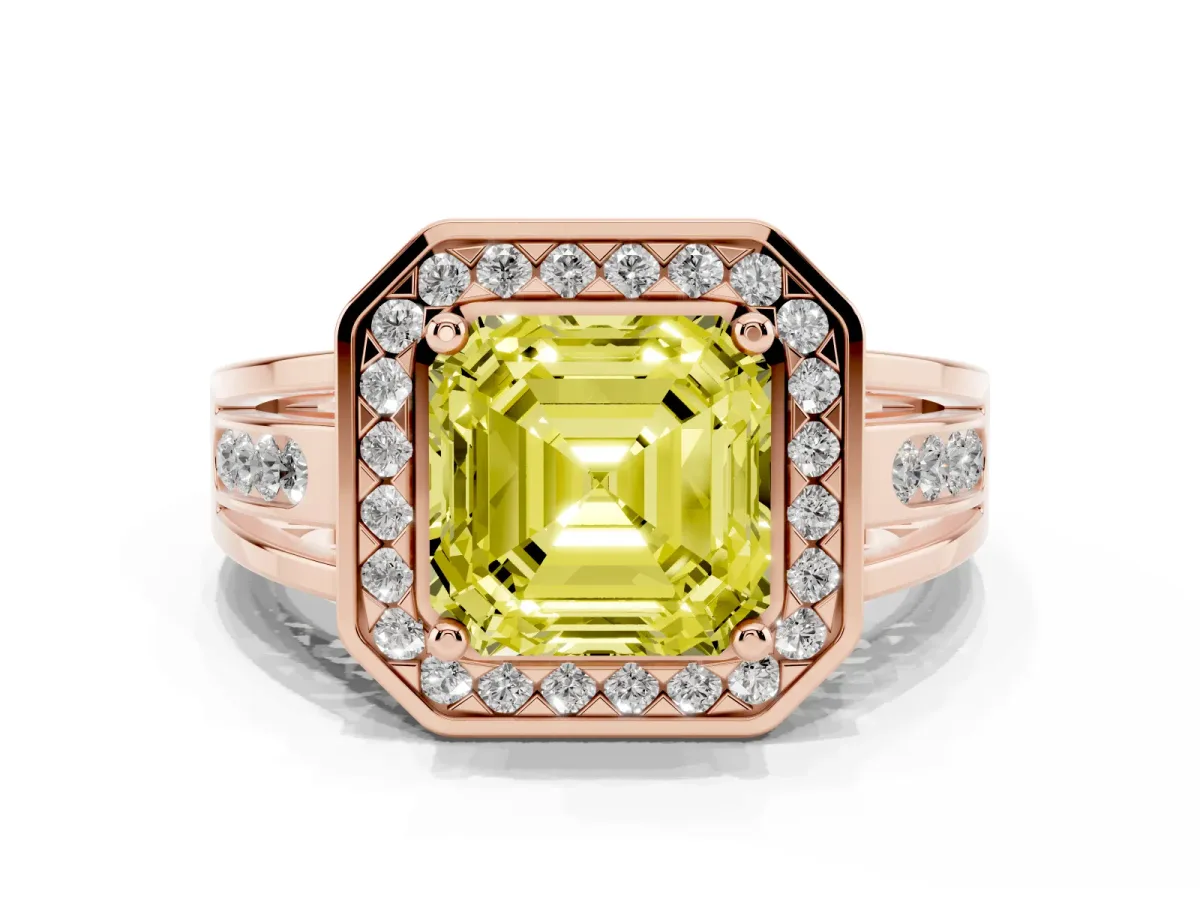 Fancy Yellow Asscher Cut Diamond Halo Ring with Split Shank and Bezel Accents and Prong Setting Rose gold