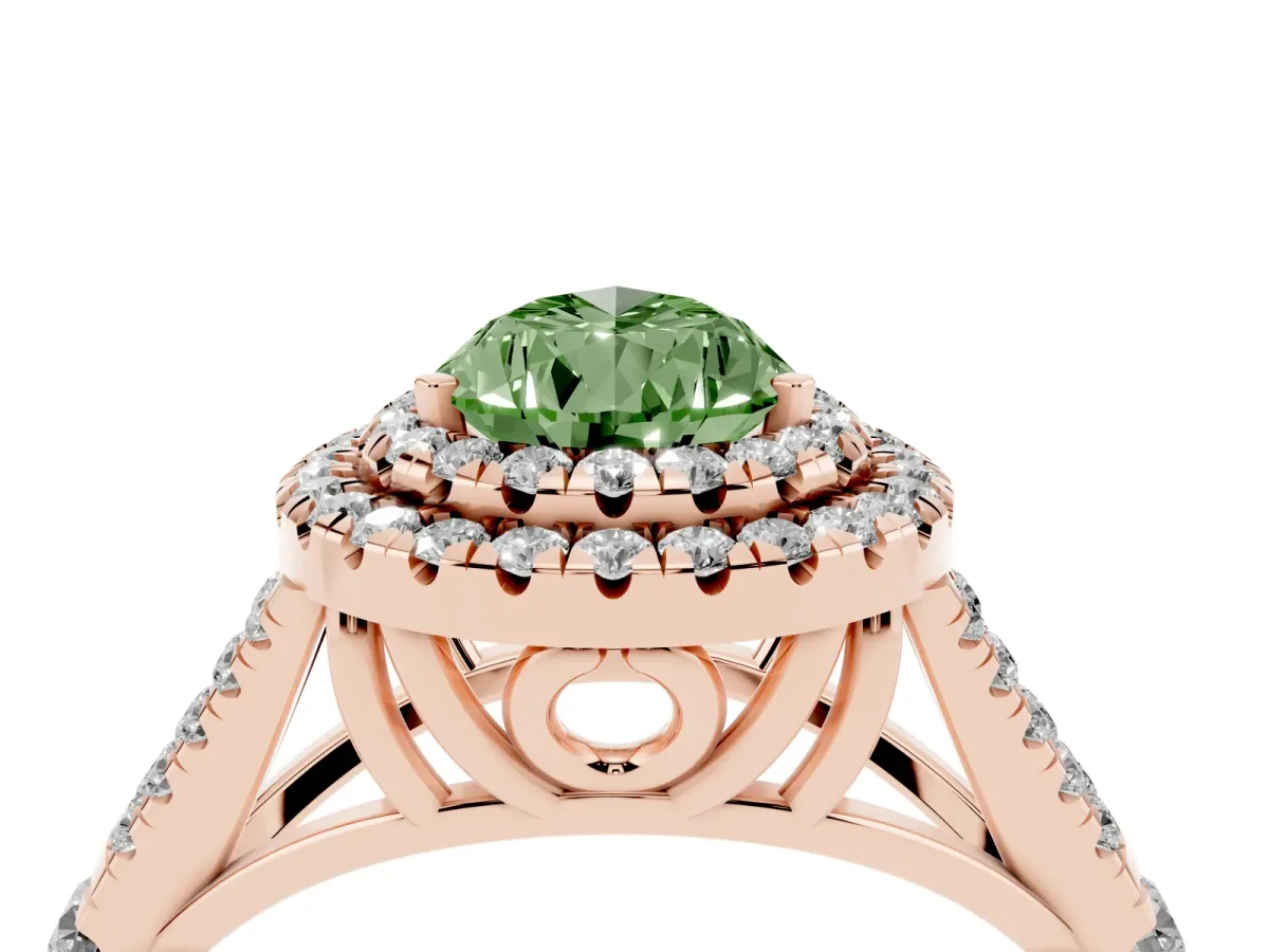Fancy Green Pear Cut Diamond Pavé Split Shank Double Halo Engagement Ring Rose gold