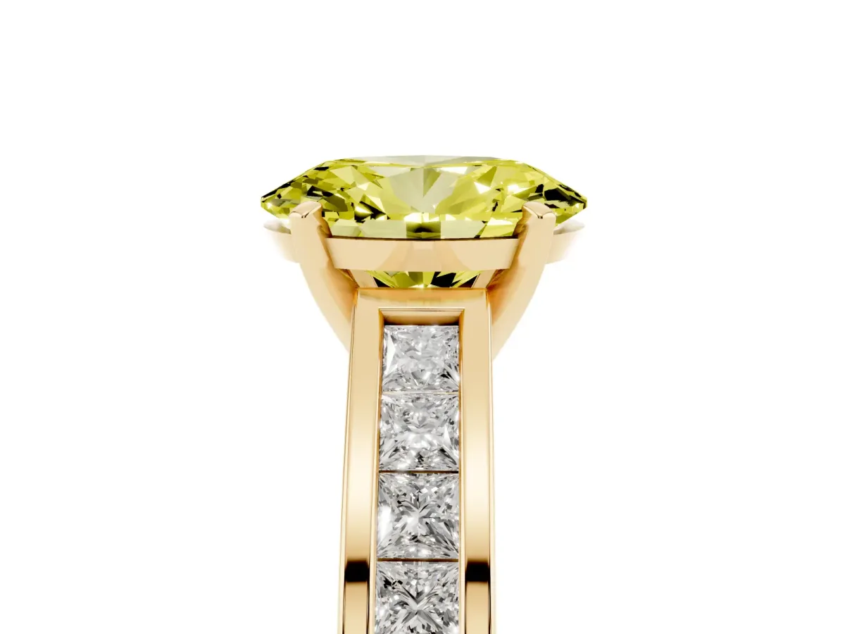 Fancy Yellow Oval Cut Solitaire Diamond Ring with Channel-Set Band and Four-Prong Setting Yellow gold
