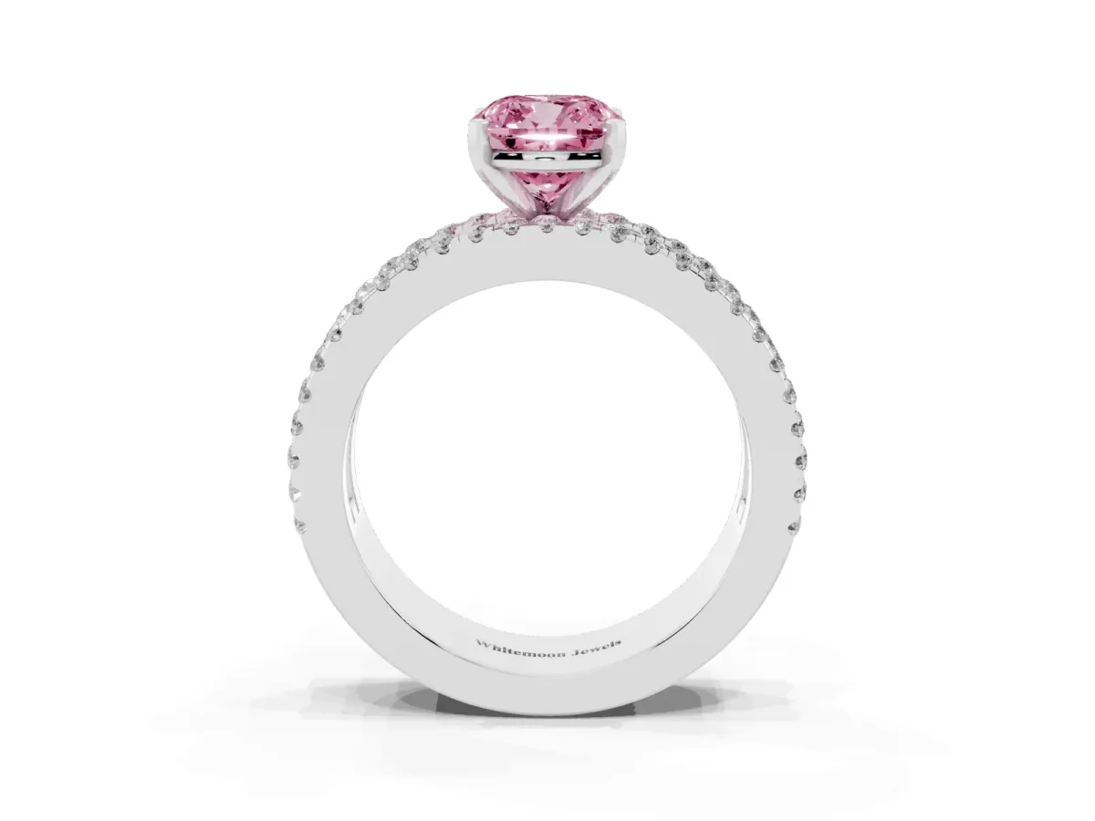 Fancy Pink Cushion Cut Diamond Solitaire Ring with Pavé and Channel Set Band Platinum