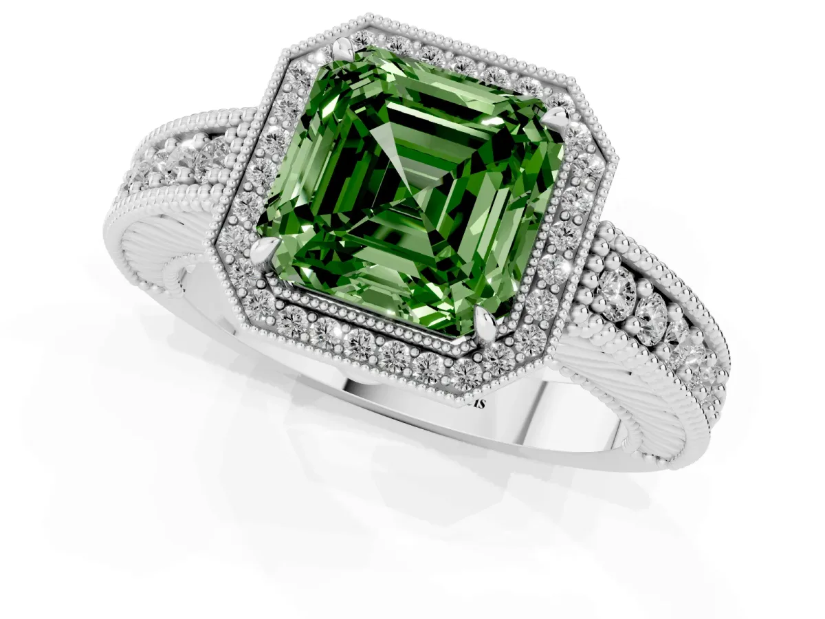 Fancy Green Asscher Cut Cut Halo Diamond Ring with Pavé Band and Four-Prong Setting Platinum