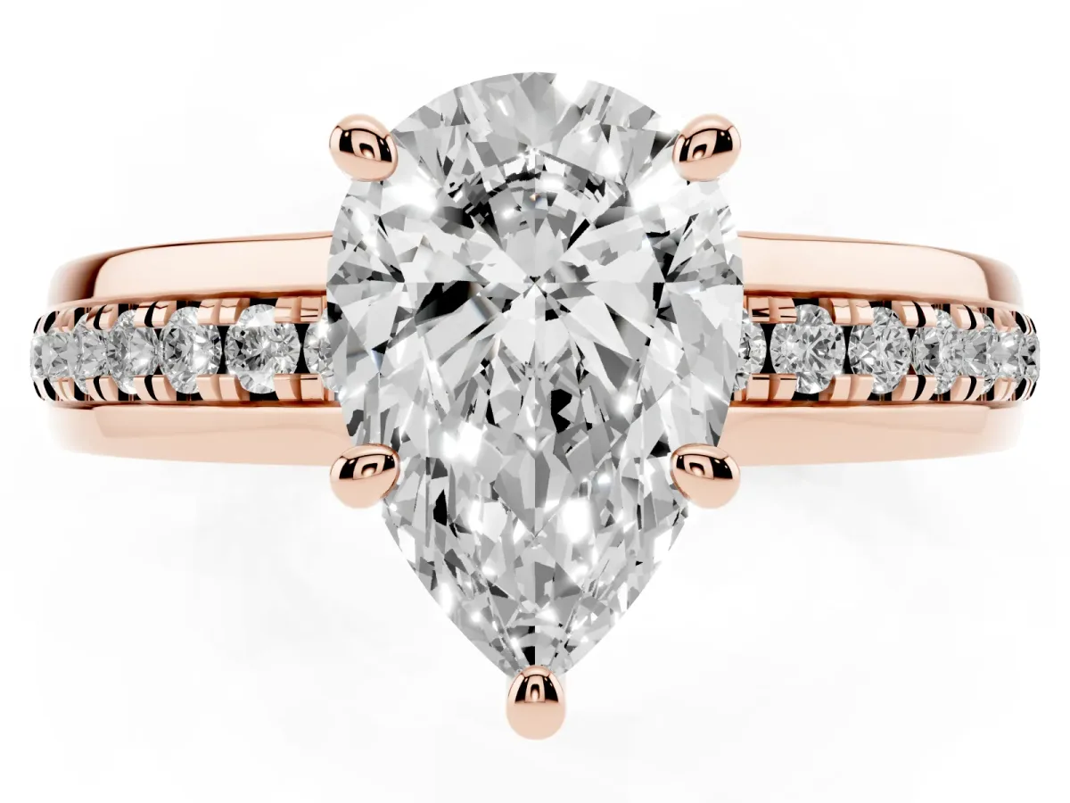 Pear Cut Solitaire Diamond Ring with Channel Set Band and Six-Prong Setting Rose gold