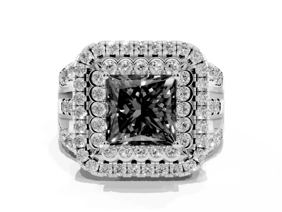 Fancy Black Princess Cut Diamond Double Halo Ring with Round Pavé Split Shank and Prong Setting Silver