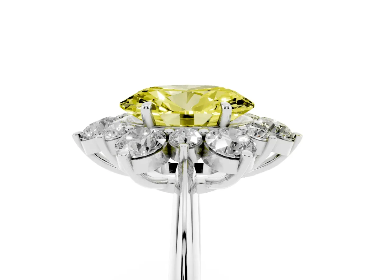Fancy Yellow Oval Cut Diamond Cluster Halo Ring with Solitaire Band and Four-Prong Setting Silver