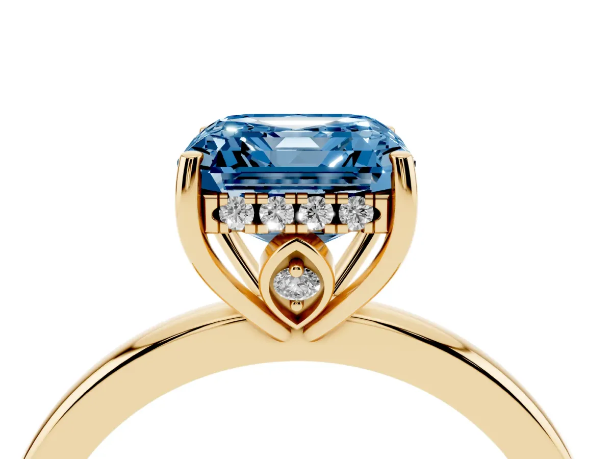 Fancy Blue Asscher Cut Solitaire Diamond Ring with Prong Setting and Plain Band Yellow gold