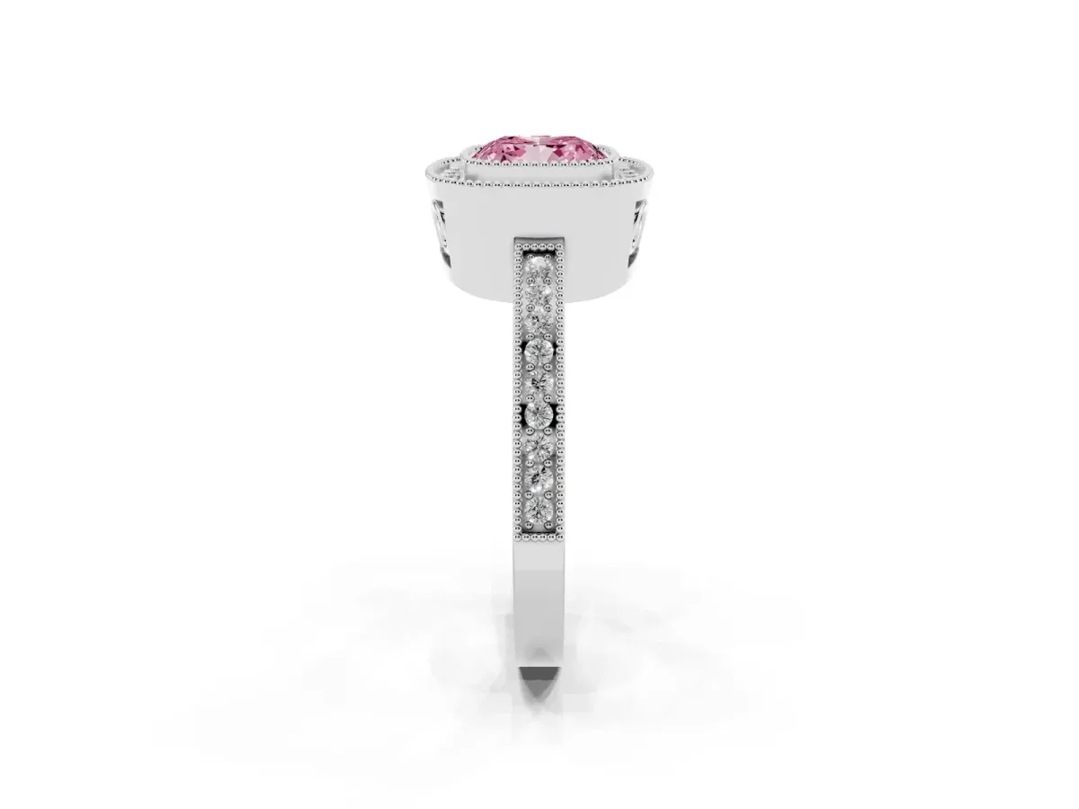 Fancy Pink Cushion Cut Cut Halo Diamond Ring with Pavé Band and Milgrain Prong Setting Platinum