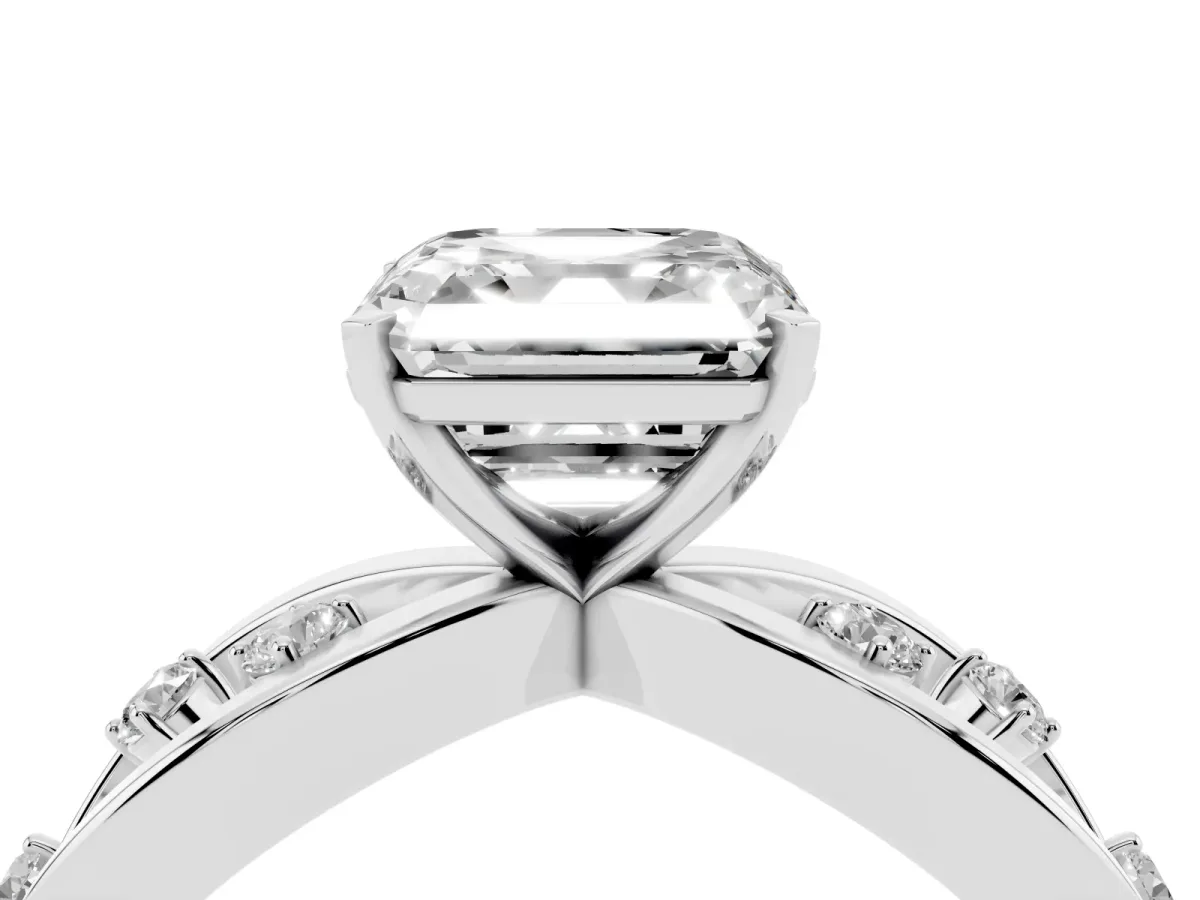 Asscher Cut Cut Solitaire Diamond with Side Stones on Criss-Cross Band and Four-Prong Setting Platinum