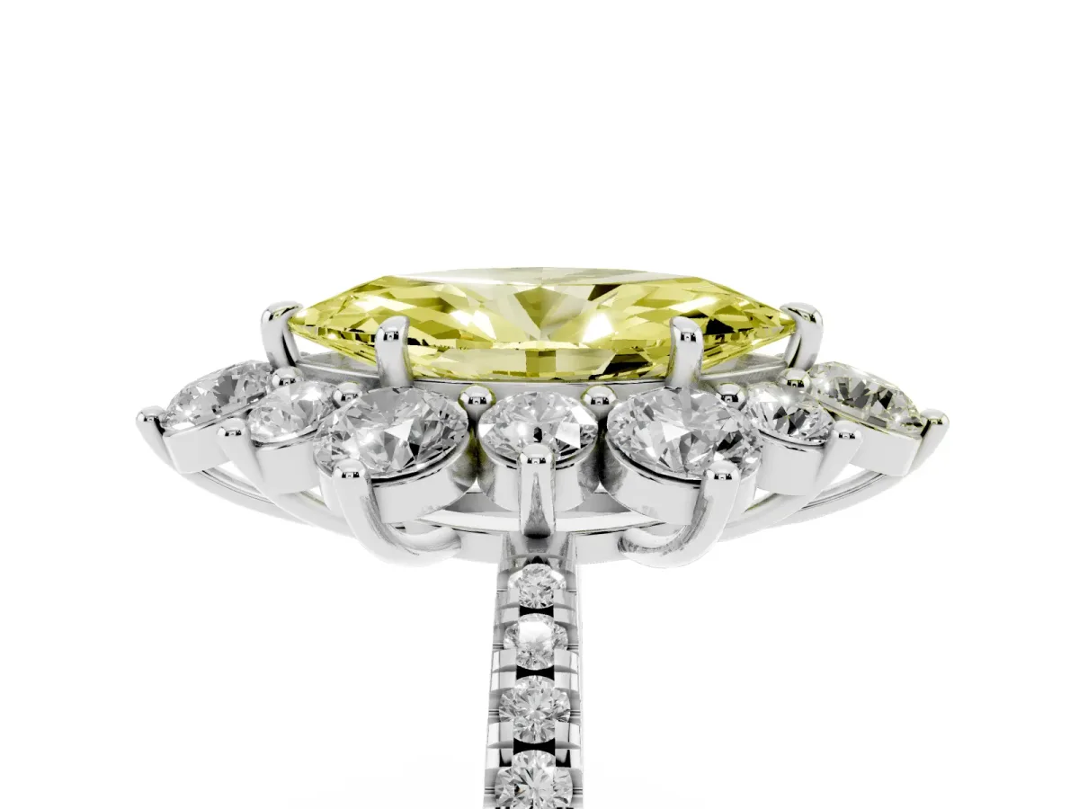 Fancy Yellow Marquise Cut Diamond Floral Halo Ring with Round Pavé Band and Prong Setting Silver