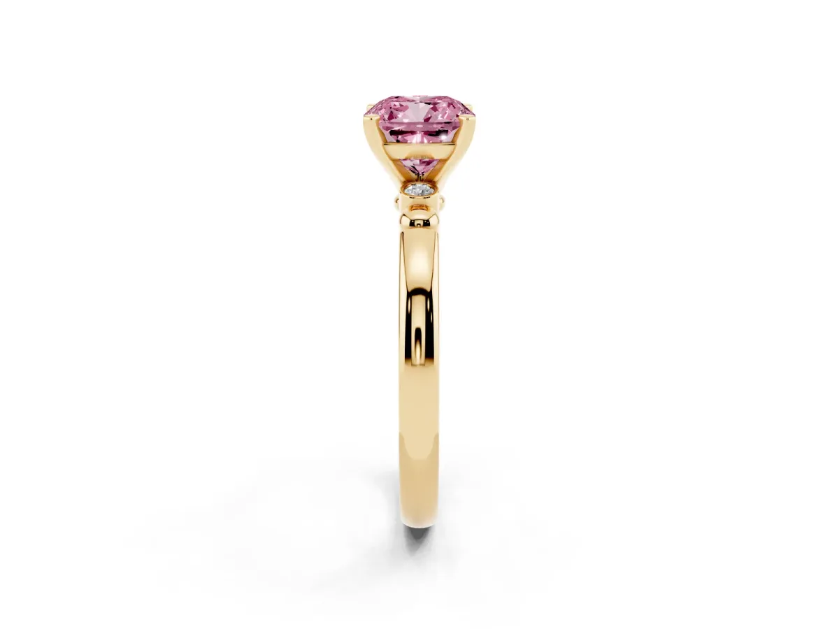 Fancy Pink Cushion Cut Solitaire Beaded Band with Four-Prong Setting Yellow gold