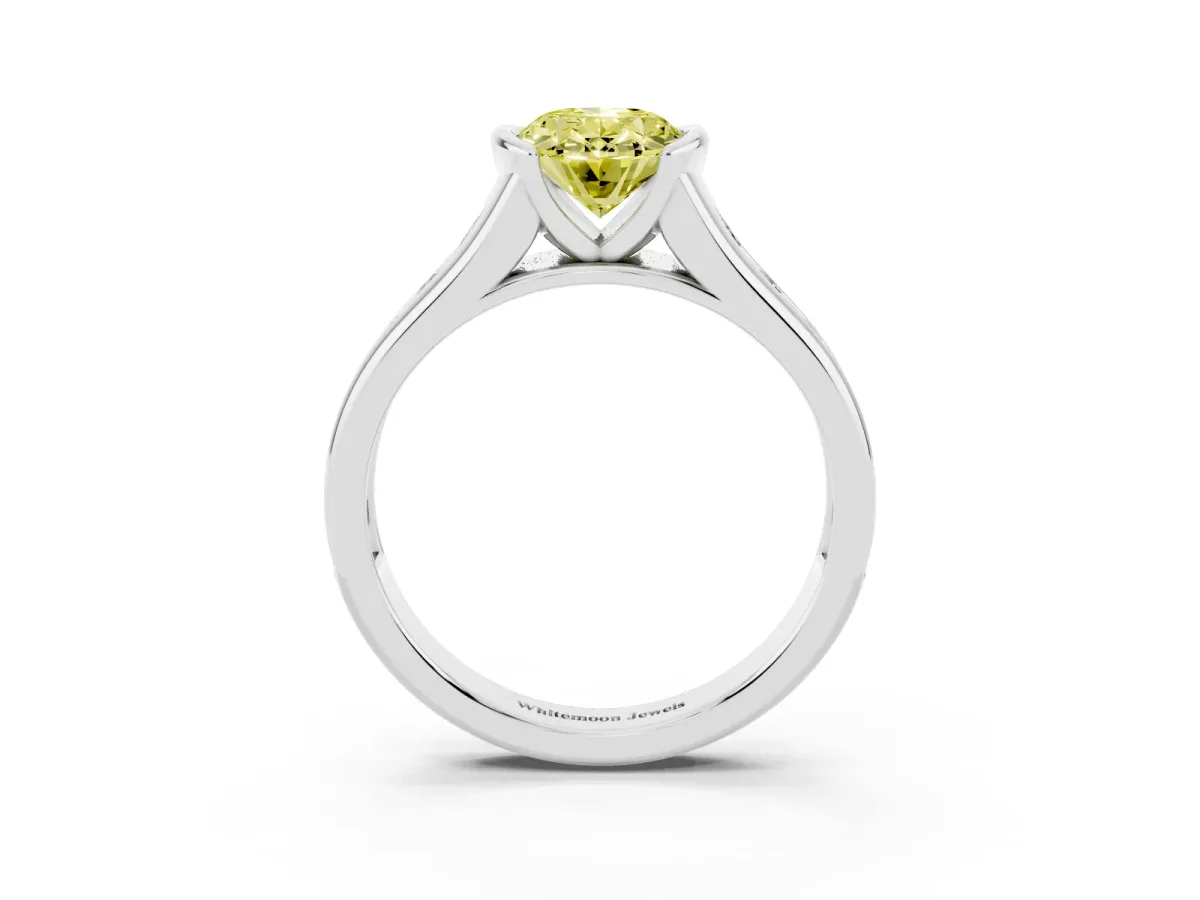 Fancy Yellow Oval Cut Solitaire Bezel-Set Diamond Ring with Channel-Set Band Silver
