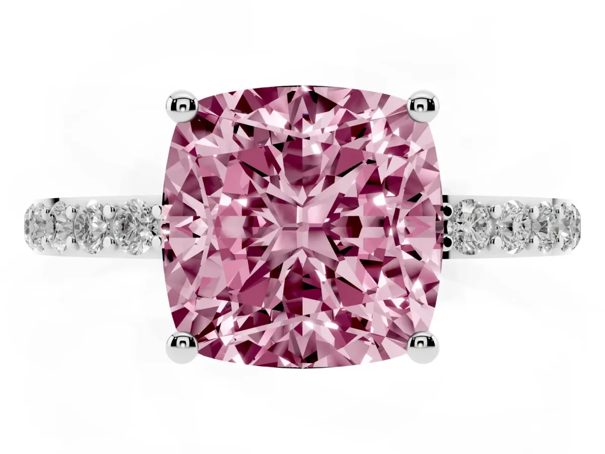 Fancy Pink Cushion Cut Diamond Solitaire Ring with Round Pavé Shoulders and Prong Setting Silver