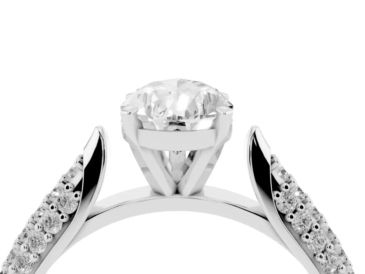 Pear Cut Diamond Solitaire Engagement Ring with Multi-Row Round Pavé Band and Prong Setting Platinum