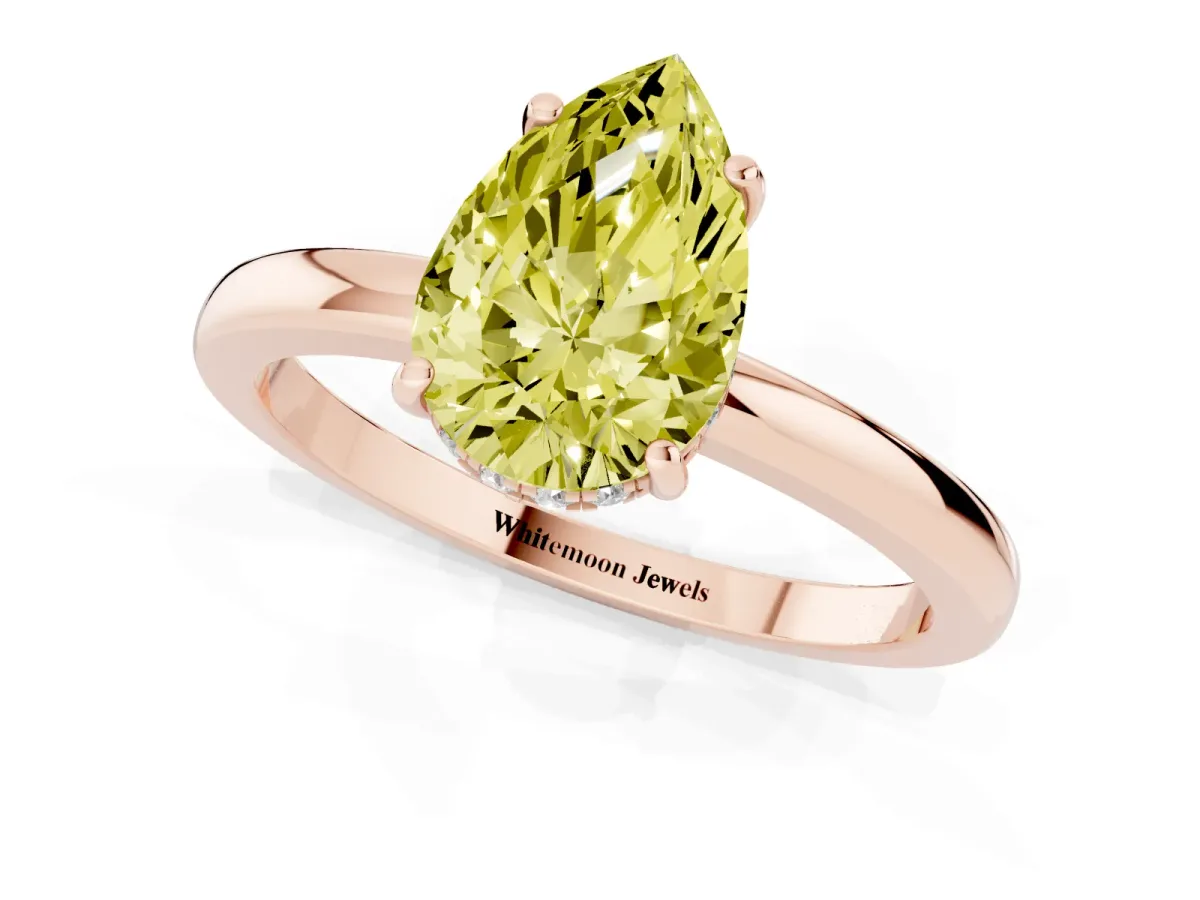 Fancy Yellow Pear Cut Solitaire Diamond Ring with Prong Setting and Plain Band Rose gold