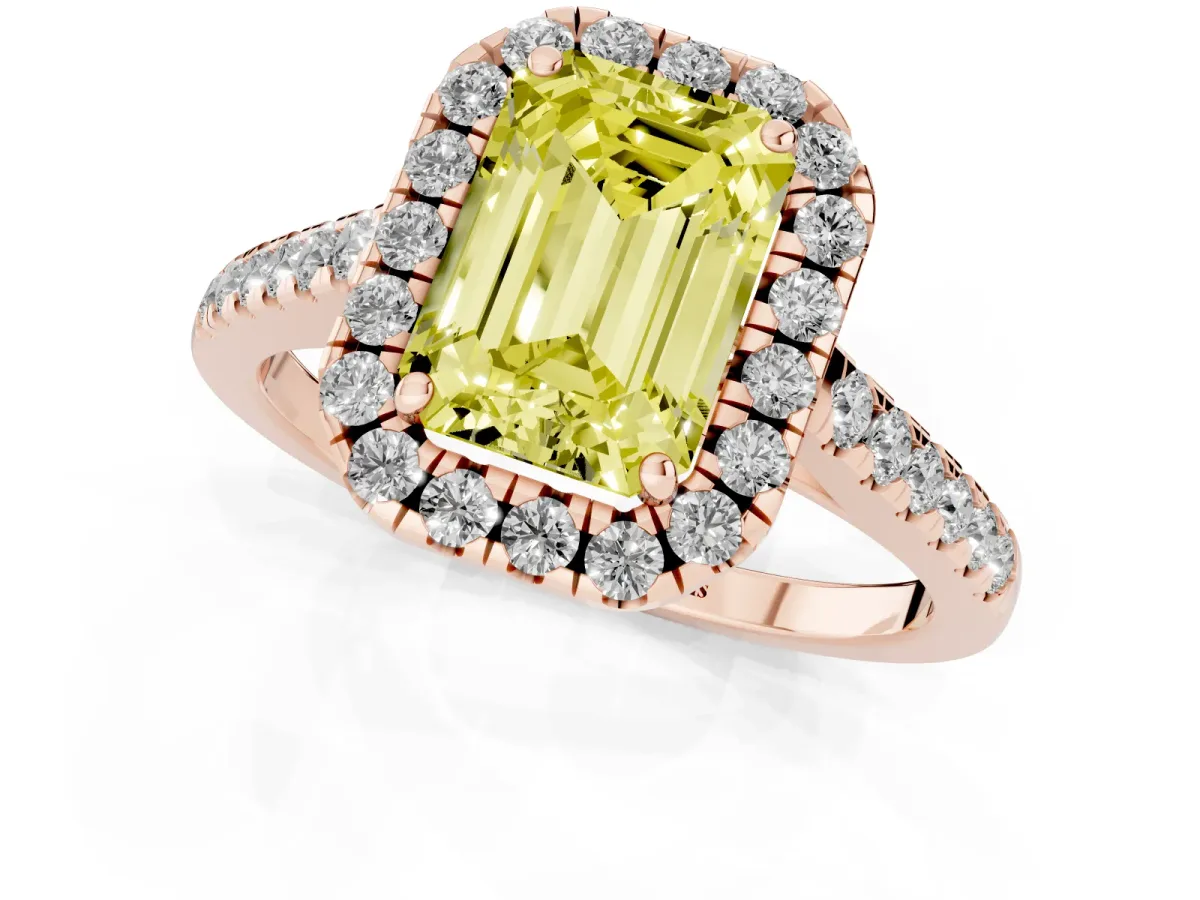 Fancy Yellow Emerald Cut Halo Pave Diamond Engagement Ring with Four-Prong Setting Rose gold