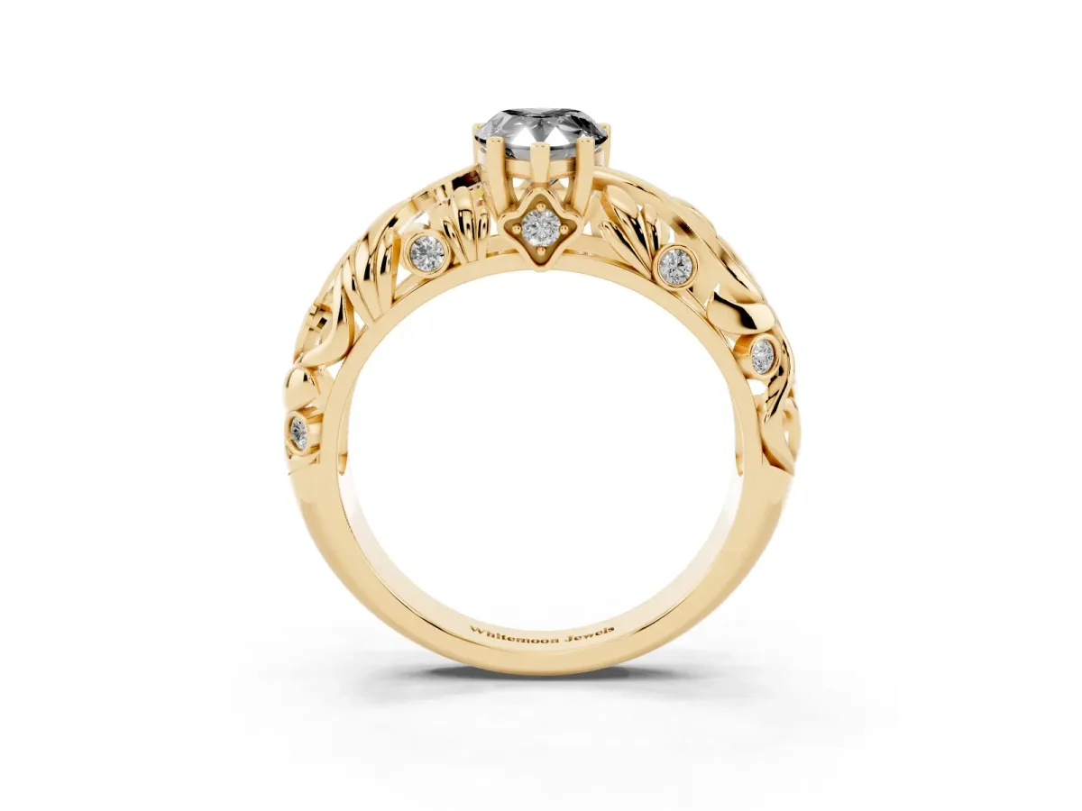 Fancy Black Pear Cut Solitaire Diamond Leaf-Inspired Vine Band Ring with Prong Setting Yellow gold