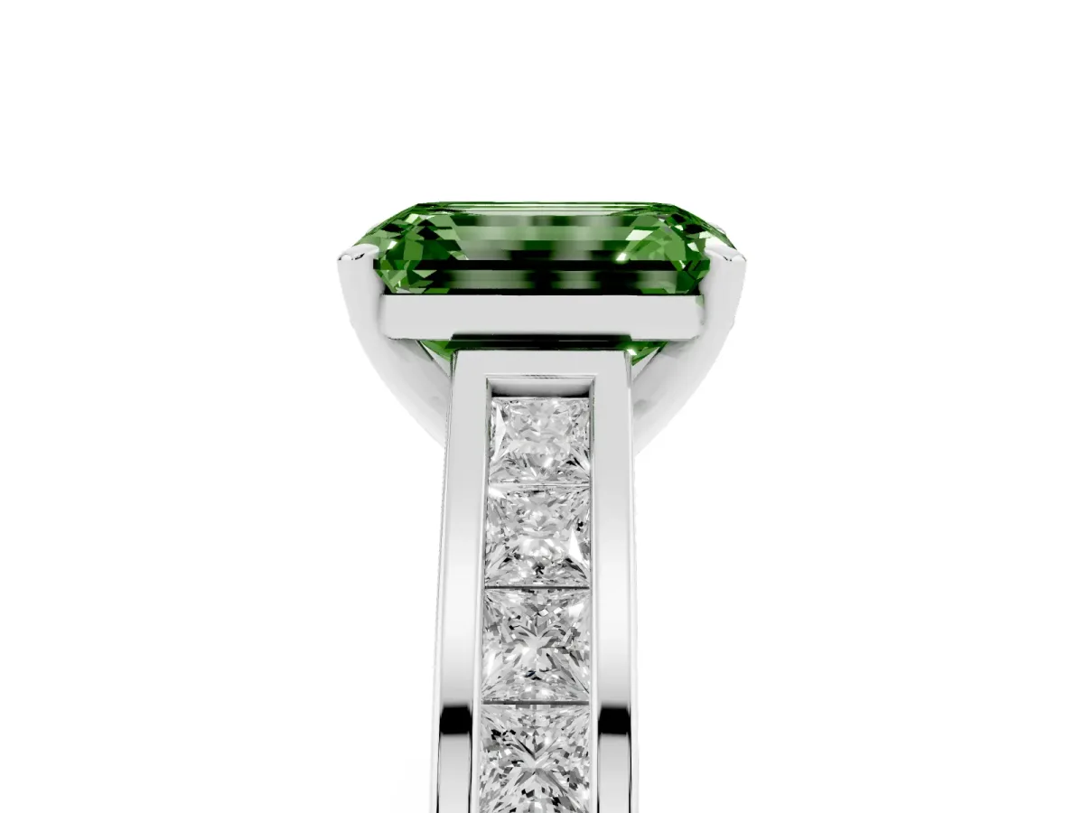 Fancy Green Emerald Cut Solitaire Diamond Ring with Channel-Set Band and Four-Prong Setting White gold