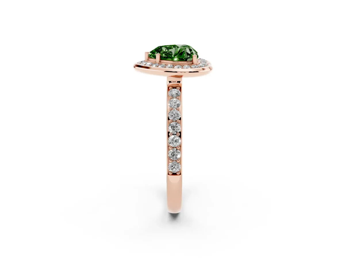 Fancy Green Heart Cut Diamond Halo Ring with Bezel Frame and Pavé Band Rose gold