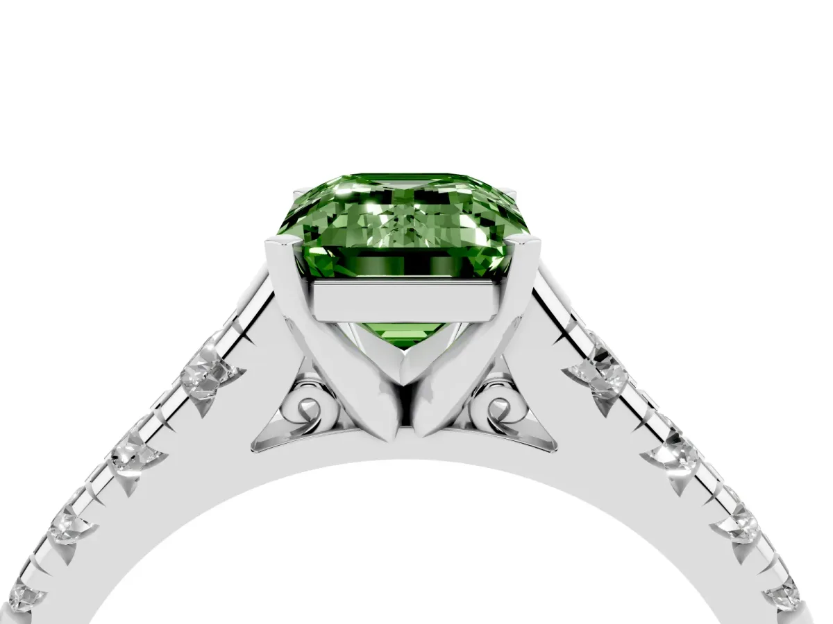 Fancy Green Emerald Cut Diamond Cathedral Solitaire Ring with Round Pavé Band Platinum