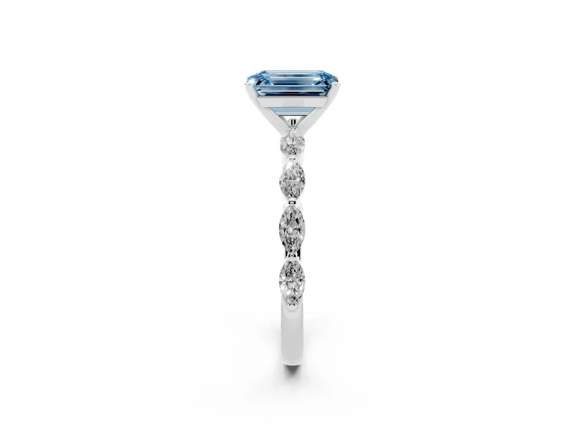 Fancy Blue Emerald Cut Diamond Ring with Marquise Side Stones and Prong Setting Platinum