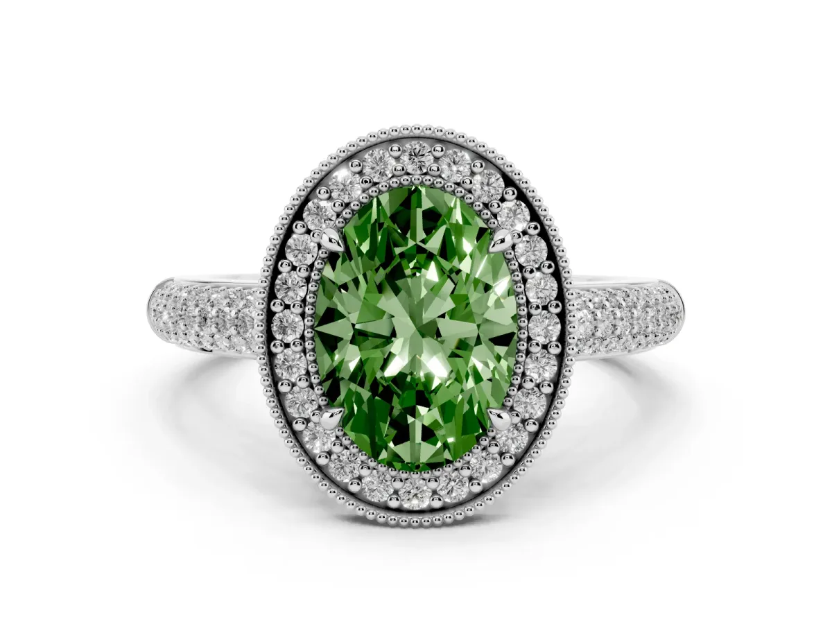 Fancy Green Oval Cut Cut Halo Diamond Pave Band with Four-Prong Setting Silver