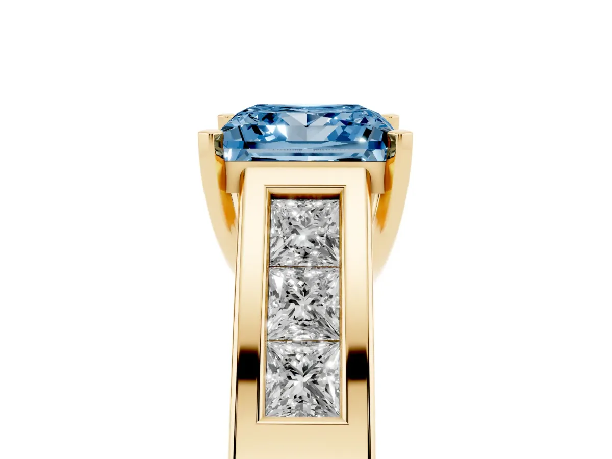 Fancy Blue Princess Cut Cut Channel Set Solitaire Ring with Four-Prong Setting Yellow gold