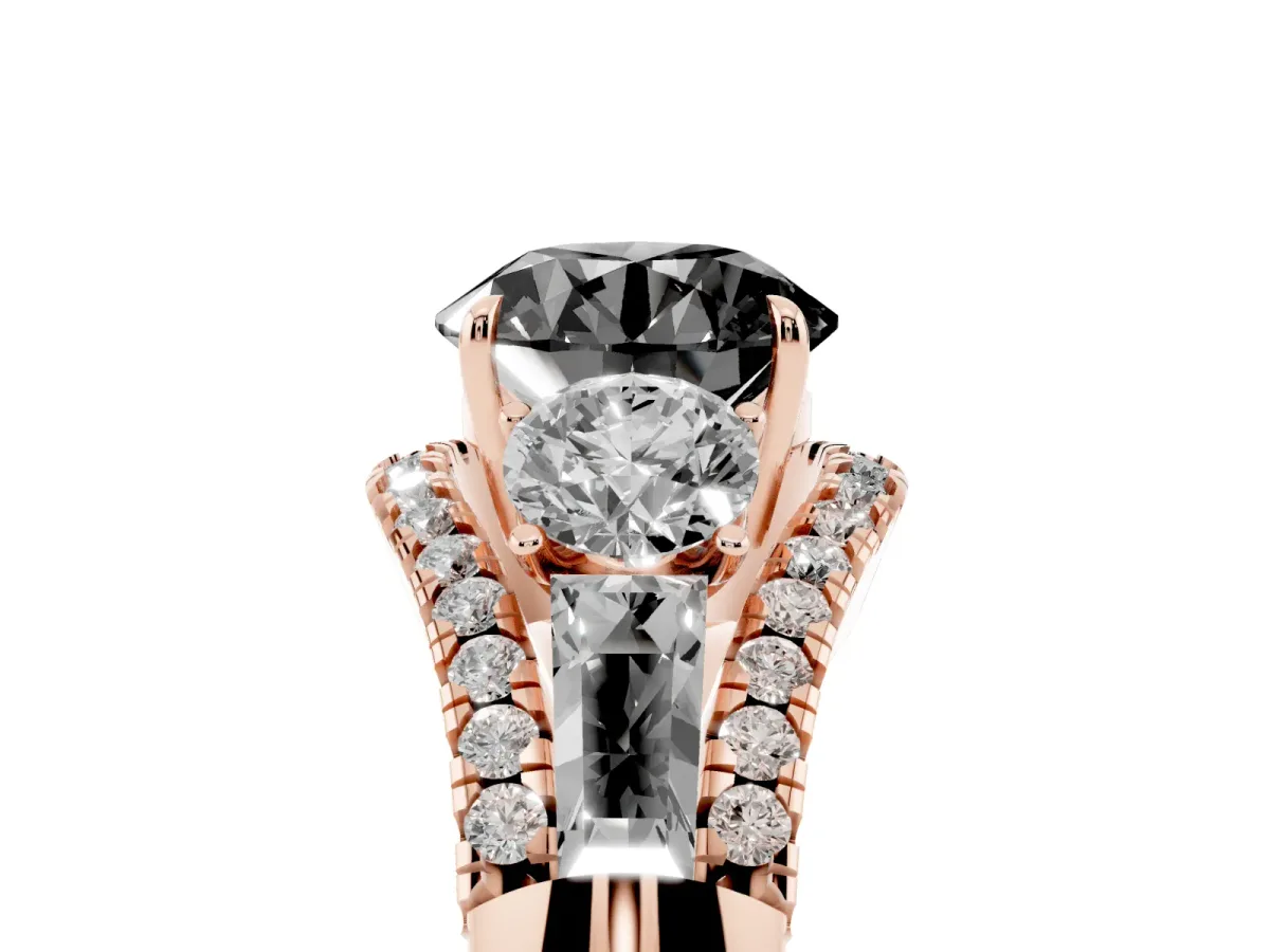 Fancy Black Three-Stone Round Cut Diamond Engagement Ring with Pave Band and Prong Setting Rose gold