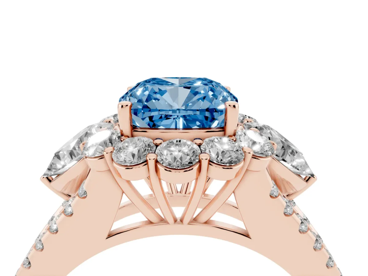 Fancy Blue Cushion Cut Halo Split Shank Diamond Engagement Ring with Prong Setting Rose gold