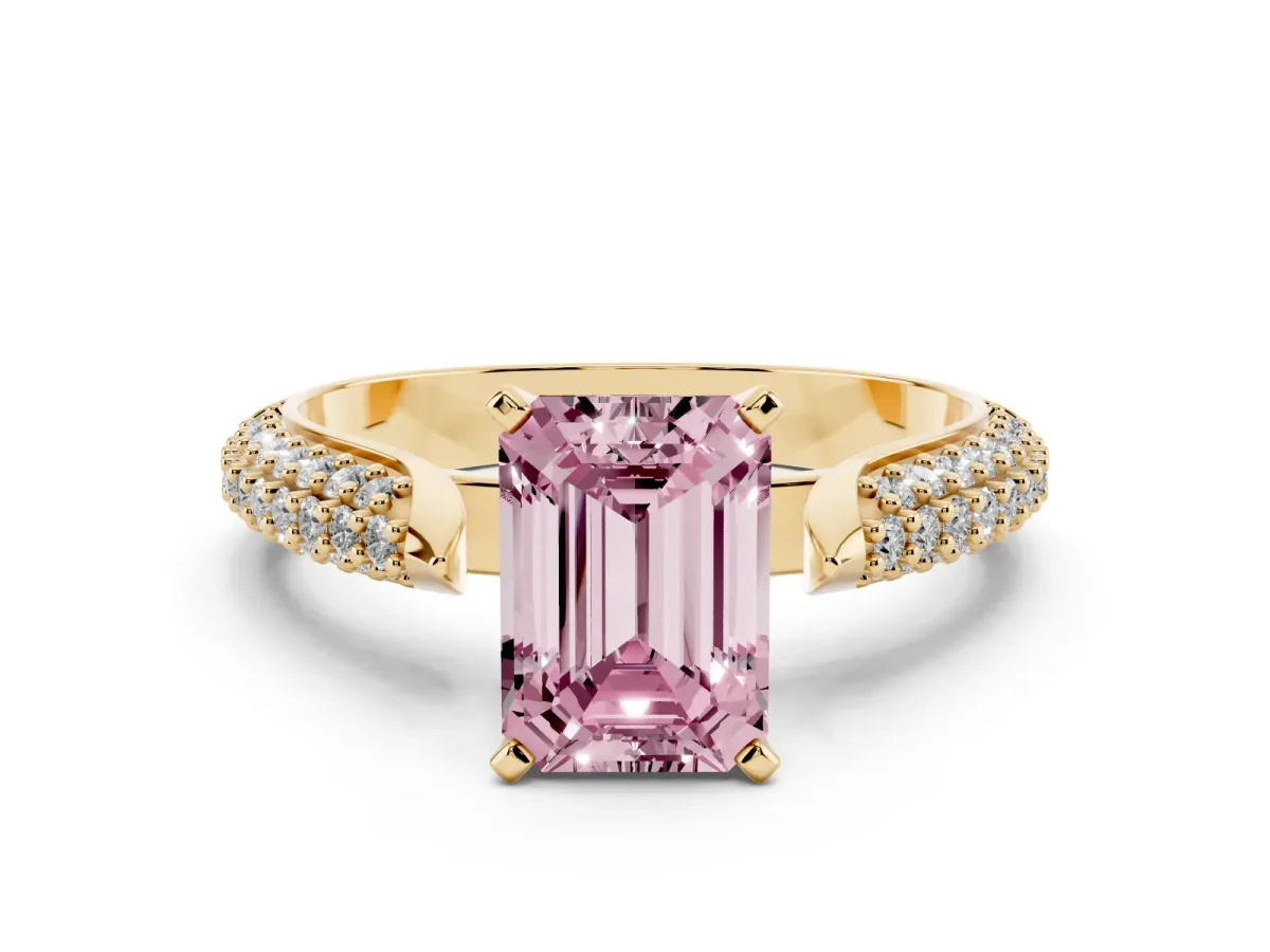 Fancy Pink Emerald Cut Diamond Solitaire Engagement Ring with Multi-Row Round Pavé Band and Prong Setting Yellow gold