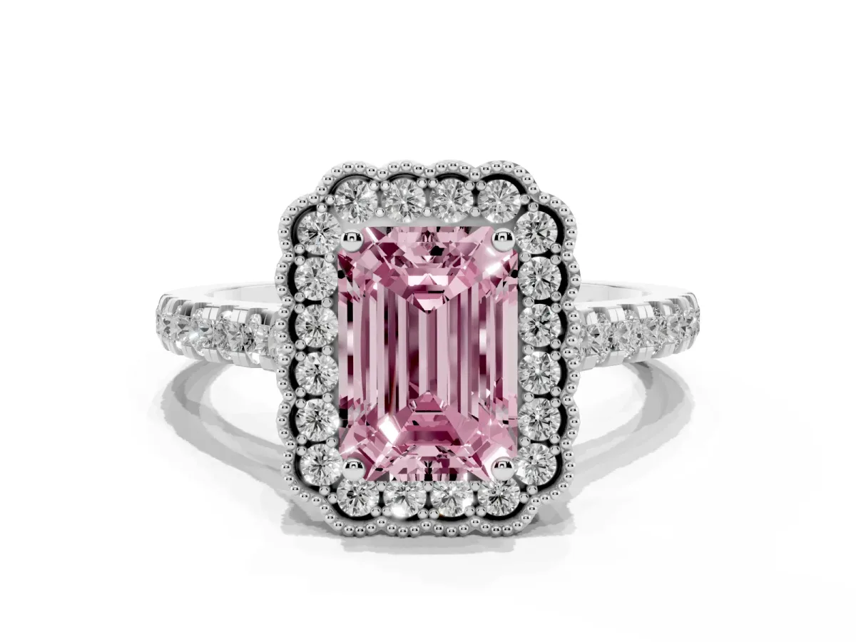 Fancy Pink Emerald Cut Cut Diamond Milgrain Floral Halo Engagement Ring with Pavé Band White gold