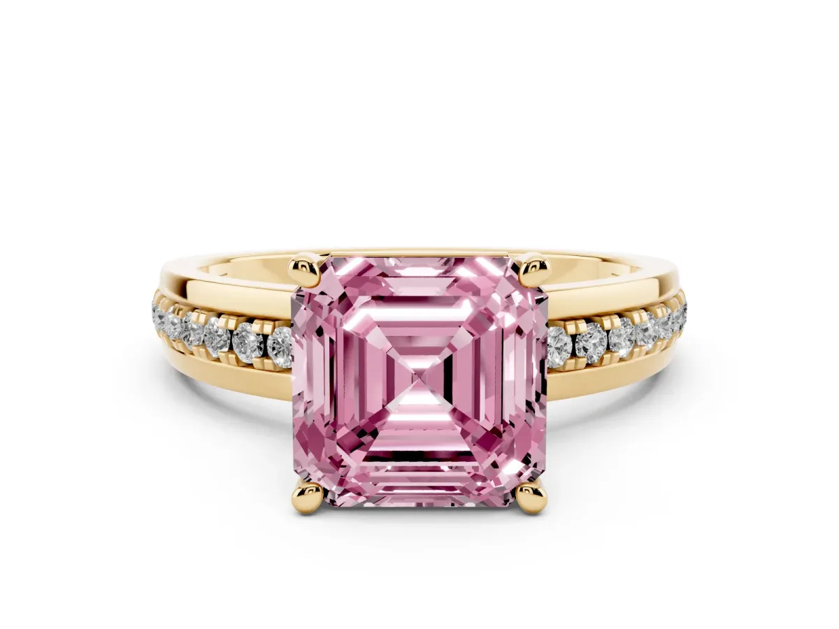 Fancy Pink Asscher Cut Solitaire Diamond Ring with Channel Set Band and Six-Prong Setting Yellow gold