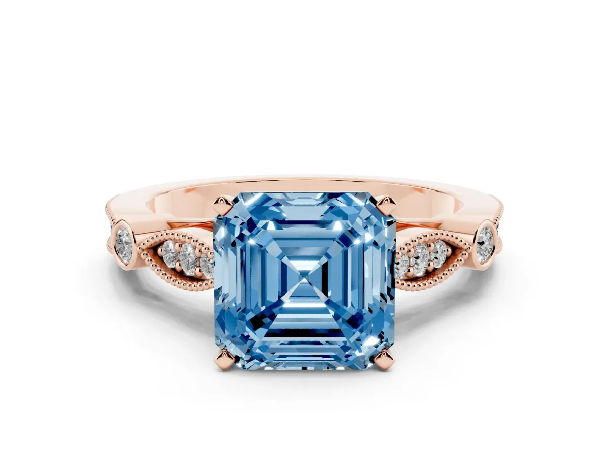 Fancy Blue Asscher Cut Cut Diamond with Milgrain Marquise and Bezel Accents on a Solitaire Band with Prong Setting Rose gold