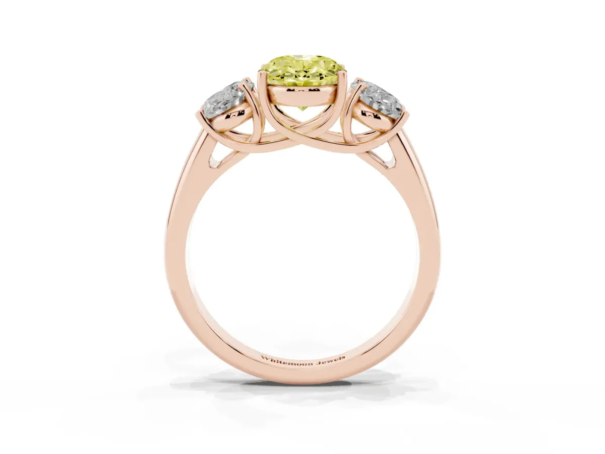 Fancy Yellow Three-Stone Oval Cut Diamond Engagement Ring with Prong Setting Rose gold