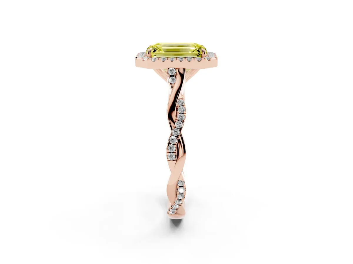 Fancy Yellow Emerald Cut Halo Twist Band Solitaire Ring Rose gold