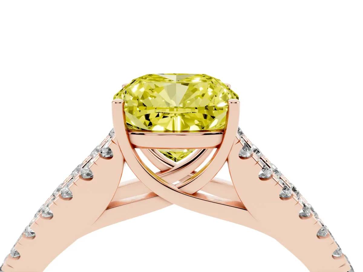 Fancy Yellow Cushion Cut Diamond Split Shank Engagement Ring with Round Pavé and Prong Setting Rose gold