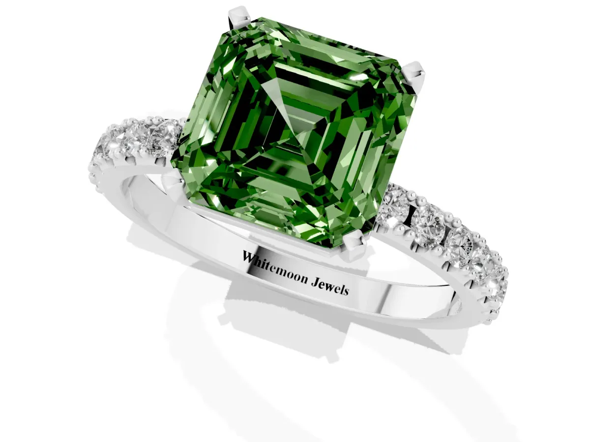 Fancy Green Asscher Cut Diamond Solitaire Pavé Band with Four-Prong Setting Silver