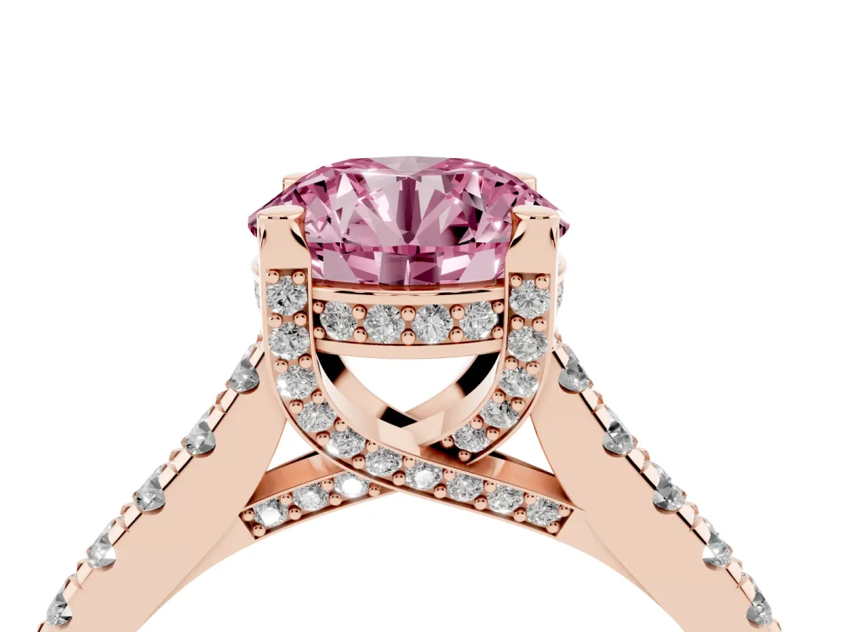 Fancy Pink Round Cut Brilliant Diamond Solitaire with Pavé Band and Four-Prong Setting Rose gold