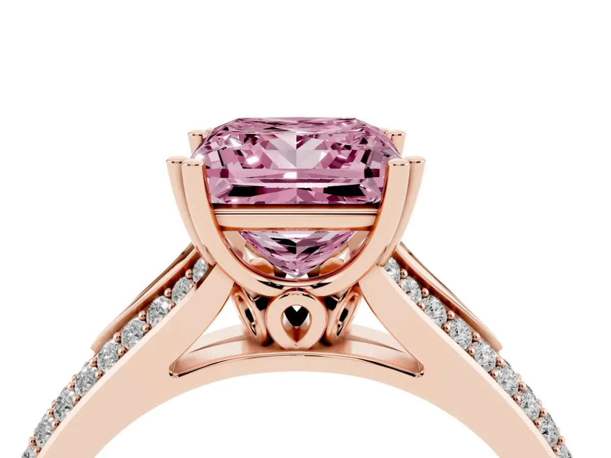 Fancy Pink Princess Cut Diamond Split Shank Engagement Ring with Pavé Band Rose gold