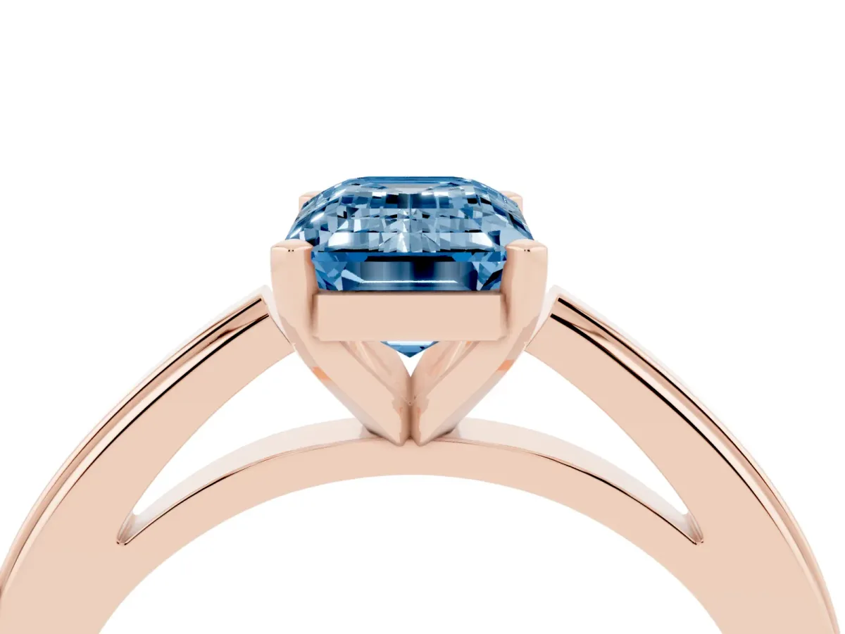 Fancy Blue Emerald Cut Solitaire Diamond Ring with Four-Prong Setting and Classic Band Rose gold