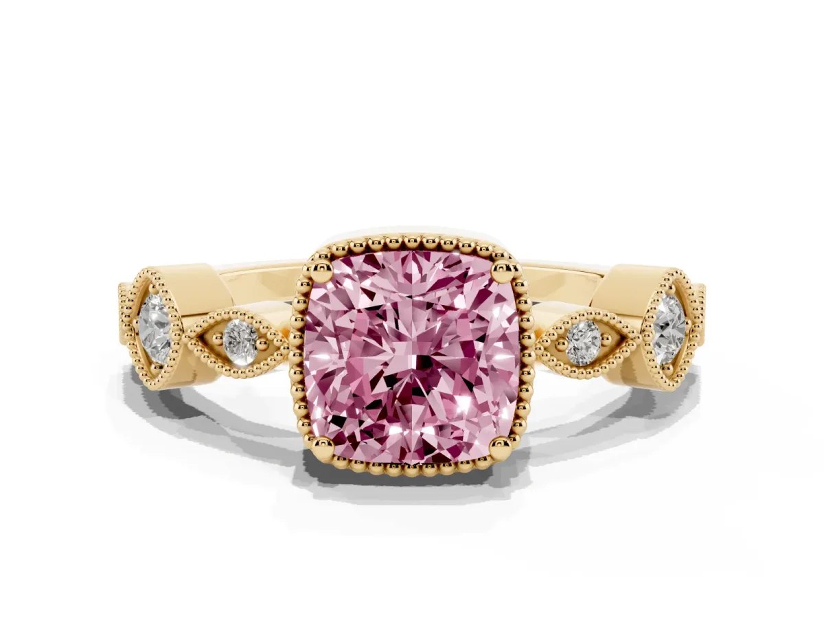 Fancy Pink Cushion Cut Diamond Vintage Milgrain Ring with Round Stations Yellow gold