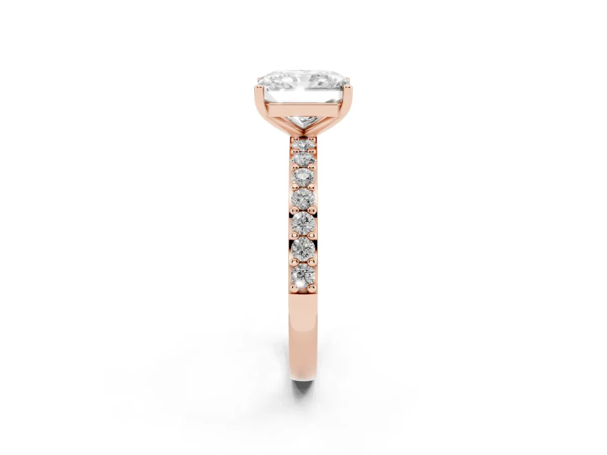 Radiant Cut Cut Diamond Solitaire with Pave Band and Four-Prong Setting Rose gold