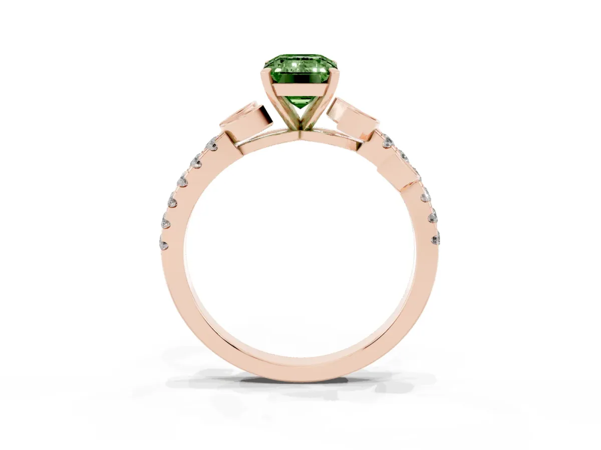 Fancy Green Emerald Cut Solitaire Leaf-Inspired Diamond Ring with Pavé Band and Four-Prong Setting Rose gold