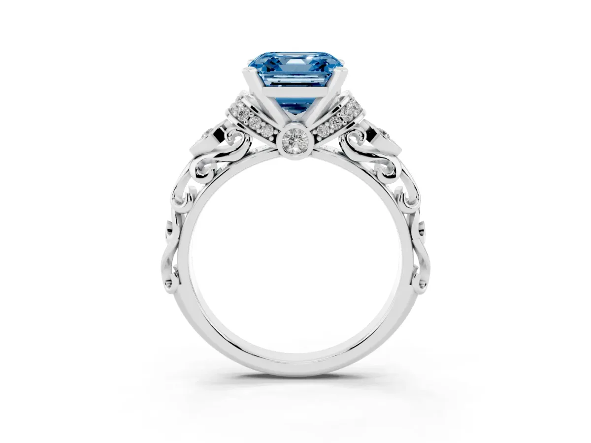 Fancy Blue Asscher Cut Diamond Solitaire Ring with Filigree Band and Four-Prong Setting Silver