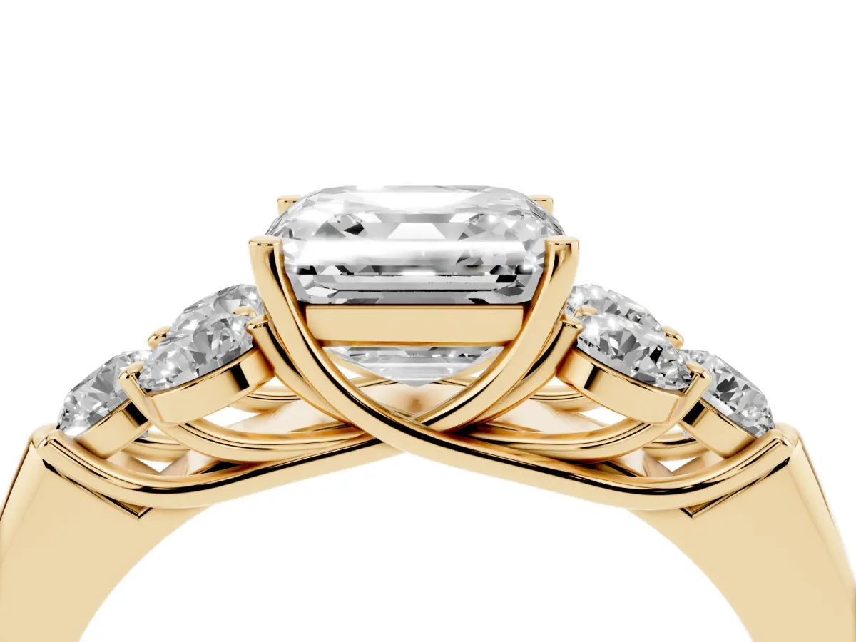 Asscher Cut Cut Diamond Cluster Ring with Round Accent Stones and Prong Setting on a Classic Band Yellow gold