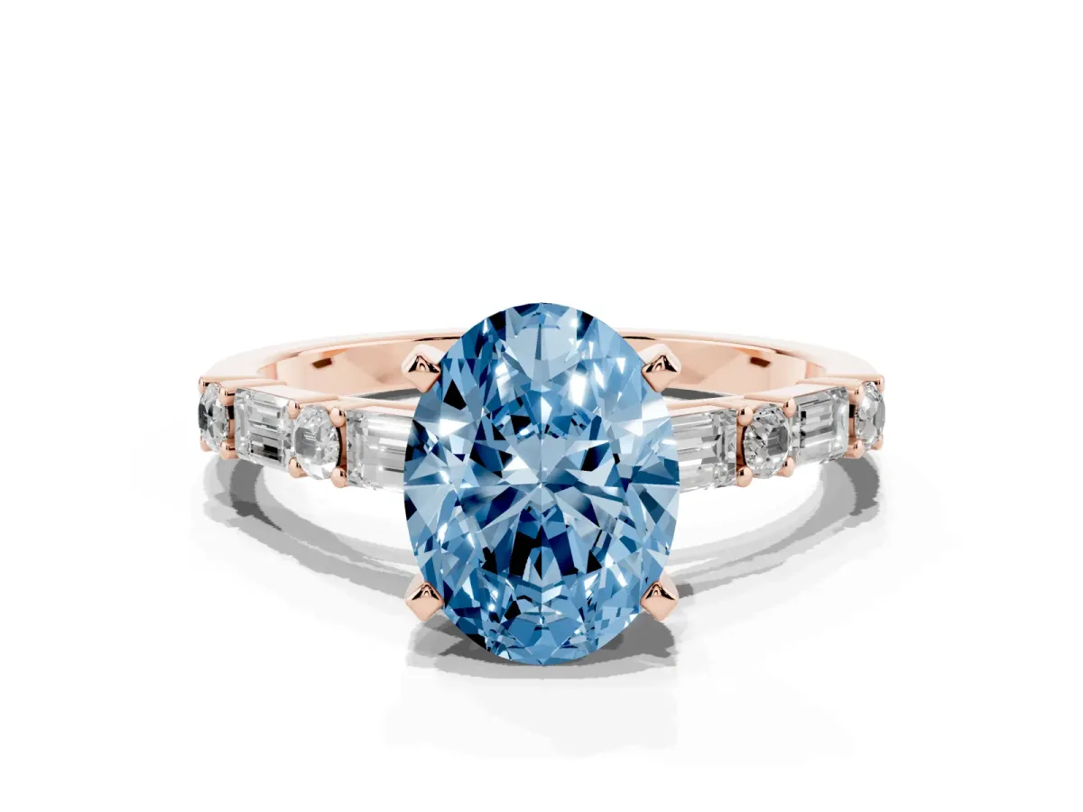 Fancy Blue Oval Cut Diamond Solitaire with Side Baguettes and Channel Set Band Rose gold