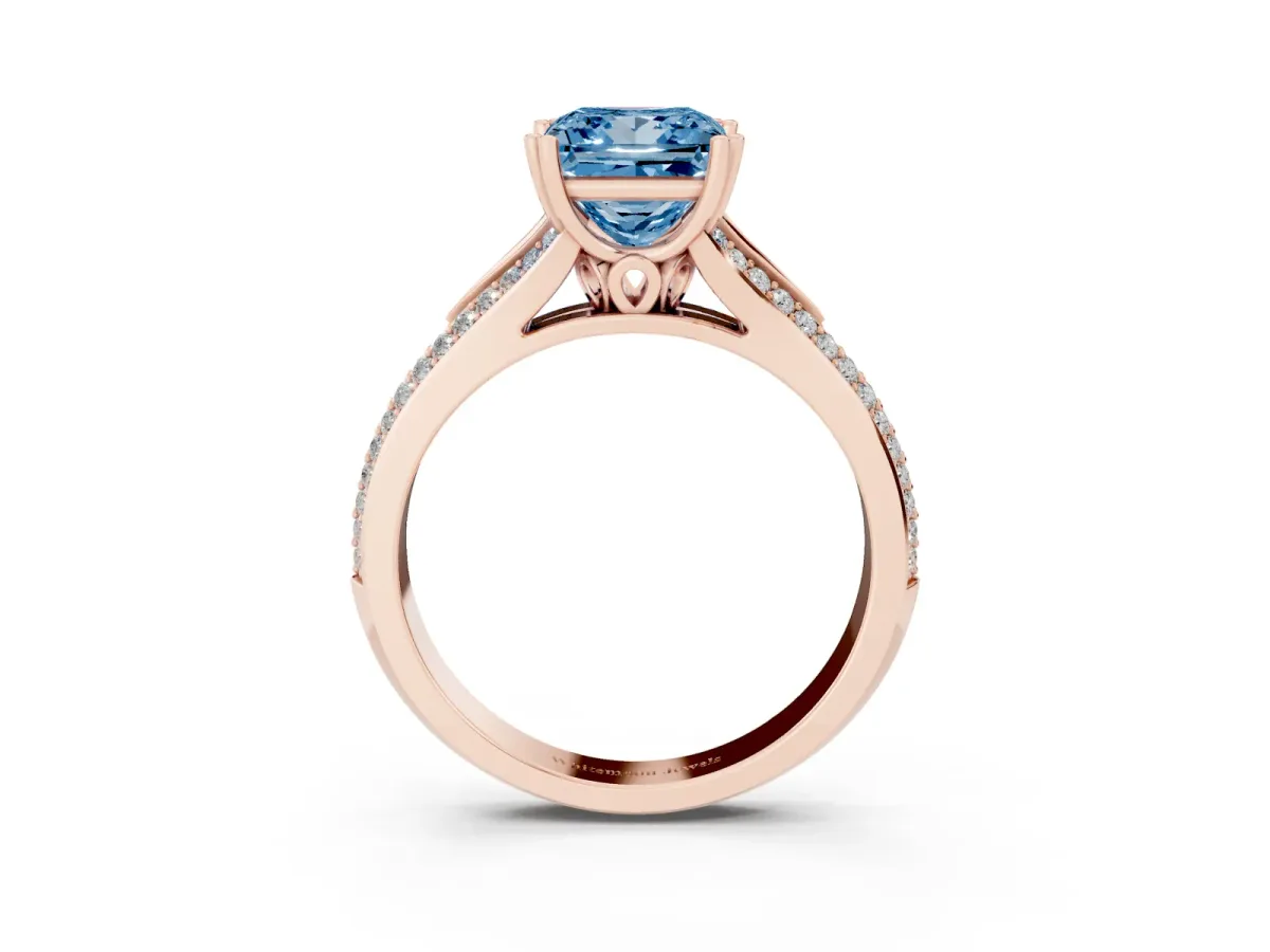 Fancy Blue Princess Cut Diamond Split Shank Engagement Ring with Pavé Band Rose gold