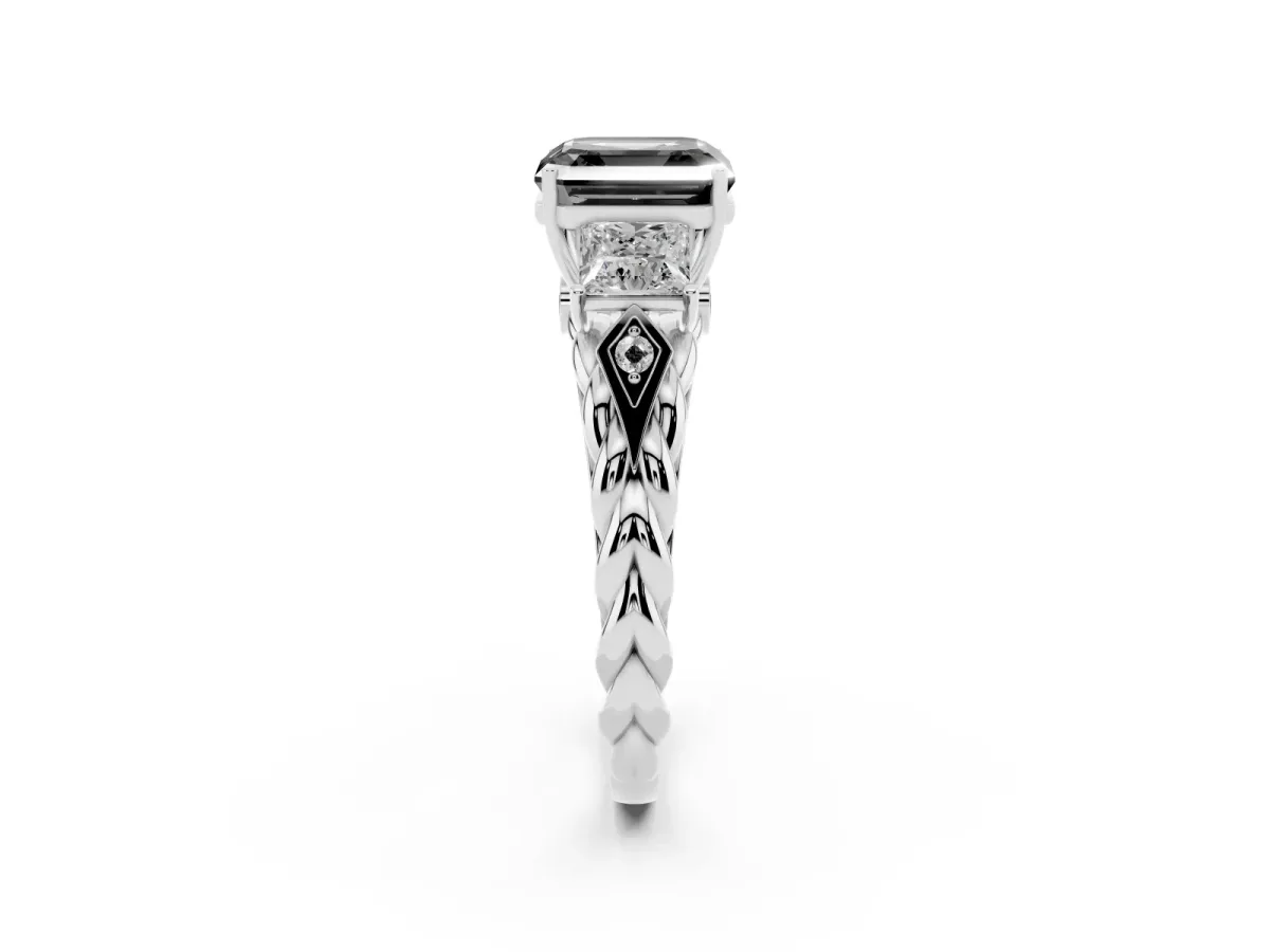 Fancy Black Three-Stone Asscher Cut Diamond Braided Band Ring with Four-Prong Setting Silver