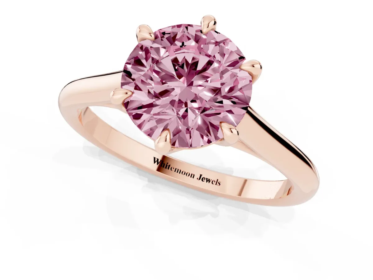 Fancy Pink Round Cut Solitaire Engagement Ring with Six-Prong Setting and Classic Band Rose gold