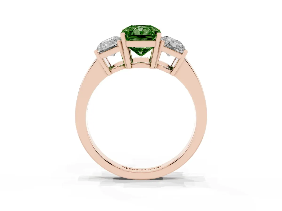 Fancy Green Three-Stone Radiant Cut Cut Diamond Engagement Ring with Flat Band and Four-Prong Setting Rose gold
